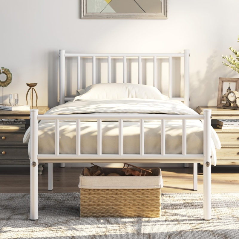 Twin Bed Frame White Metal with Vertical Slats and Underbed Clearance