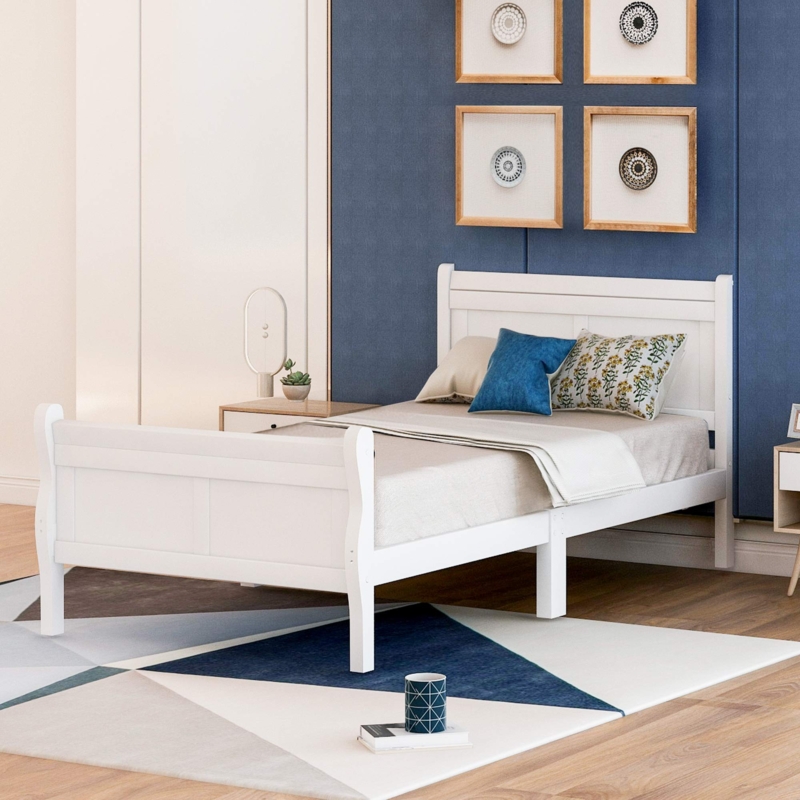 Twin Bed Frame White Wood Paneled Headboard Transitional