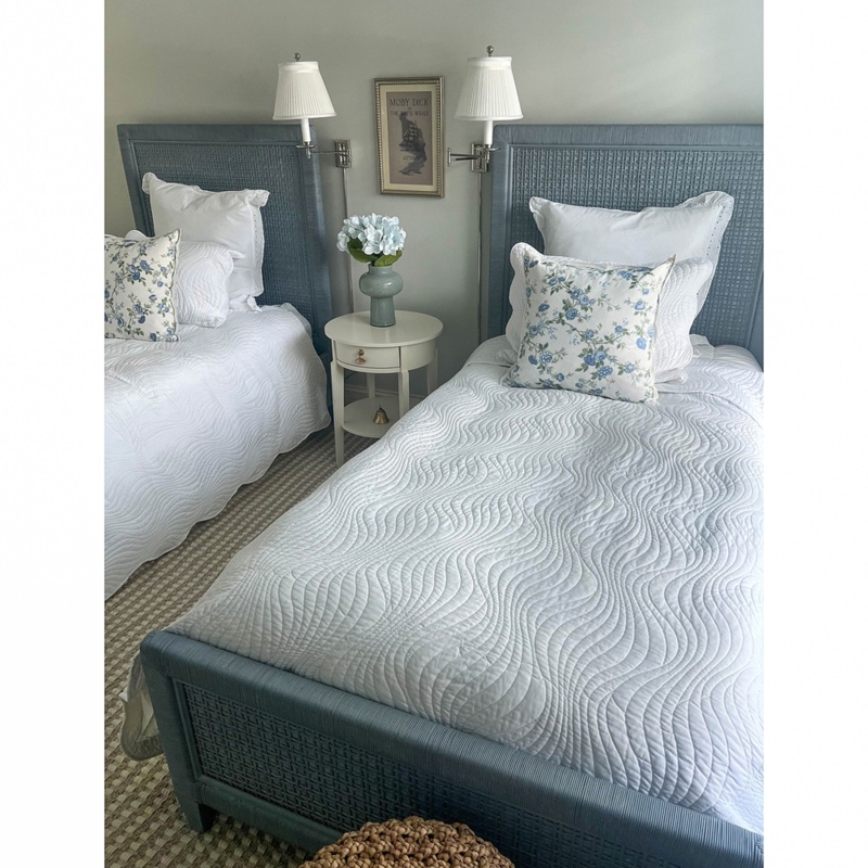 Twin Bed Frame with Blue Woven Rattan Coastal Beach Style