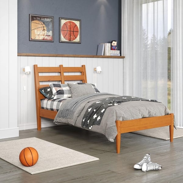 Twin Bed Honey Finish Slat Headboard Tapered Legs Wood Frame