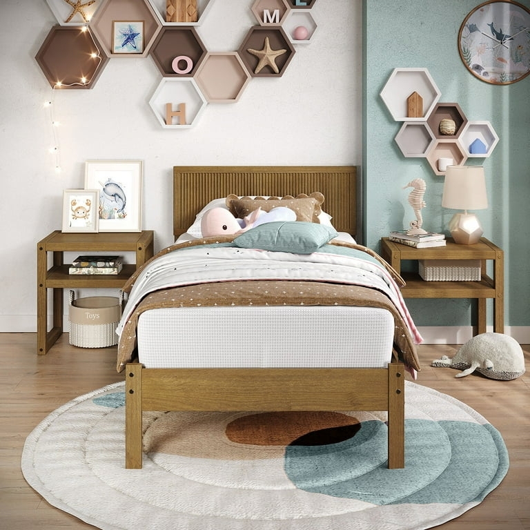 Twin Bed Natural Oak Wood with Reeded Headboard and Block Legs