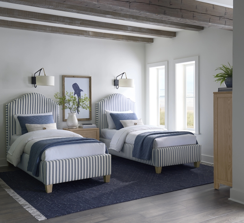 Twin Bed Navy And White Striped Upholstery Arched Headboard