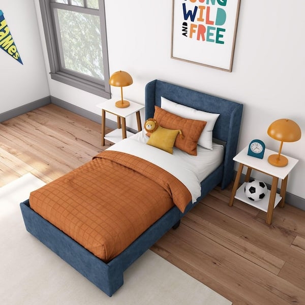 Twin Bed, Navy Upholstery with Modern Wingback Headboard Silhouette