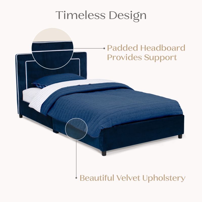 Twin Bed, Navy Velvet-Like Fabric with White Piping Detail