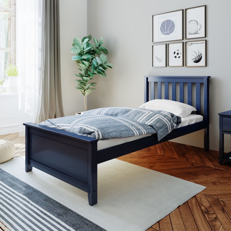 Twin Bed, Navy Wood Finish, Slatted Headboard and Paneled Footboard