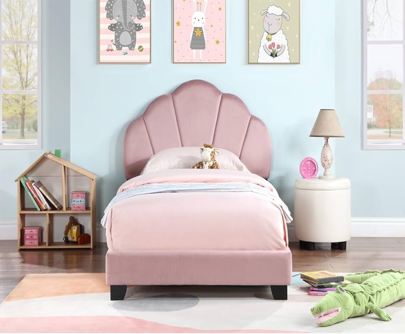 Twin Bed Pink Velvet Scalloped Shell Headboard Channel Tufting