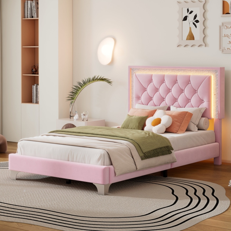 Twin Bed Pink Velvet Upholstered with LED Headboard and Diamond Tufting
