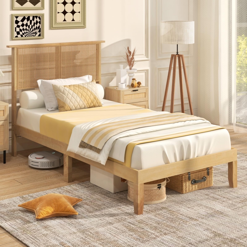 Twin Bed Rattan Headboard Light Wood Underbed Storage