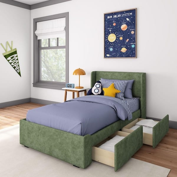 Twin Bed Sage Green Upholstered Wingback Headboard Storage Drawers