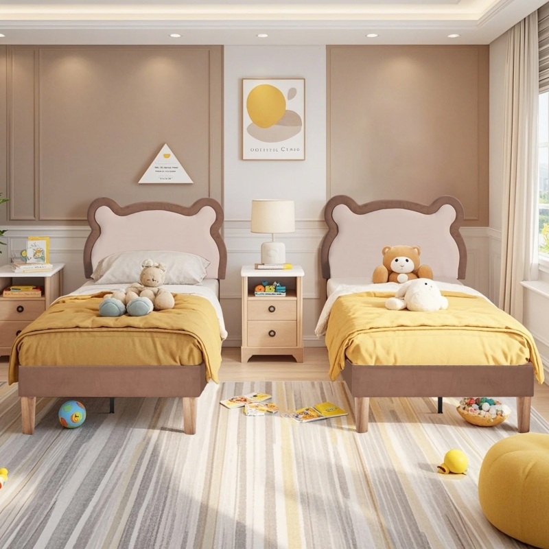 Twin Bed Set with Bear Ear Headboards in Light Brown Upholstery