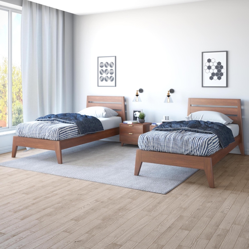 Twin Bed Slatted Headboard Tapered Legs Wood Toned Finish