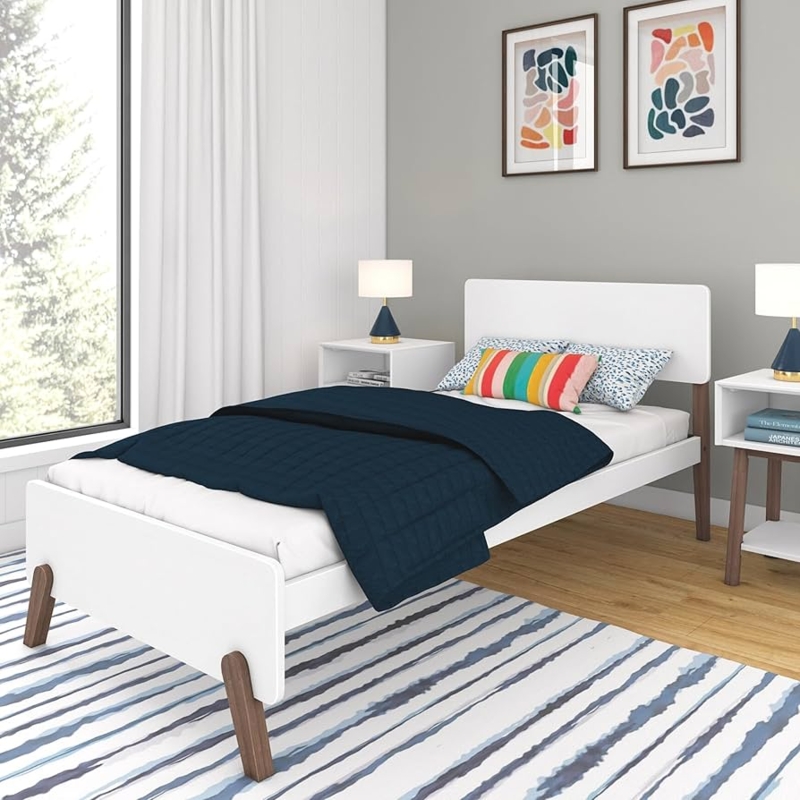 Twin Bed Two-Tone Finish with Tapered Legs, White And Walnut