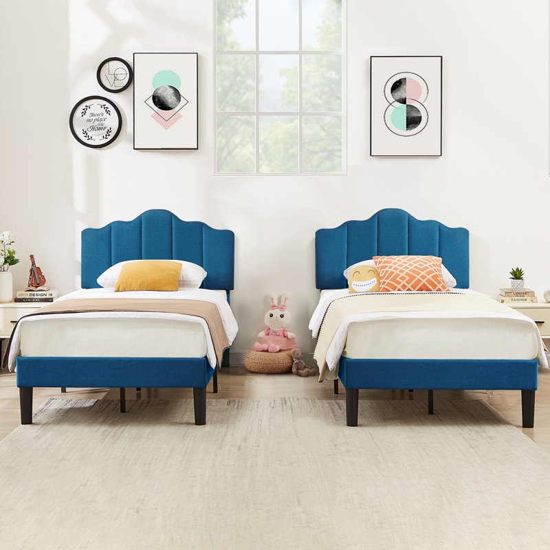 Twin Bed Vibrant Blue Scalloped Headboard Vertical Channeling