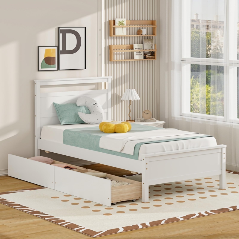 Twin Bed White Slatted Headboard with Underbed Storage Drawers