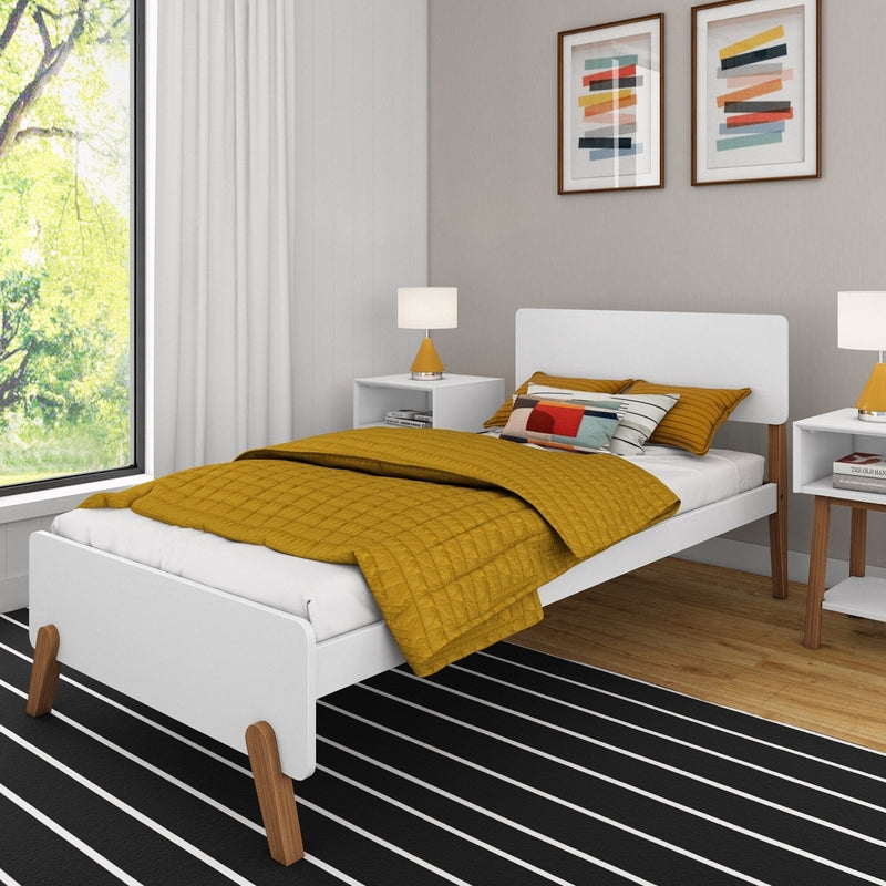 Twin Bed White Two-Tone Finish Rounded Silhouette Wood Tapered Legs
