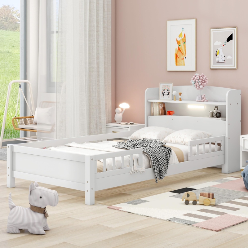 Twin Bed with Bookcase Headboard White Guardrails Integrated Lighting