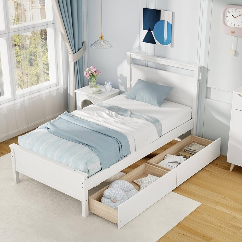 Twin Bed with Dual Storage Drawers and Horizontal Slat Headboard