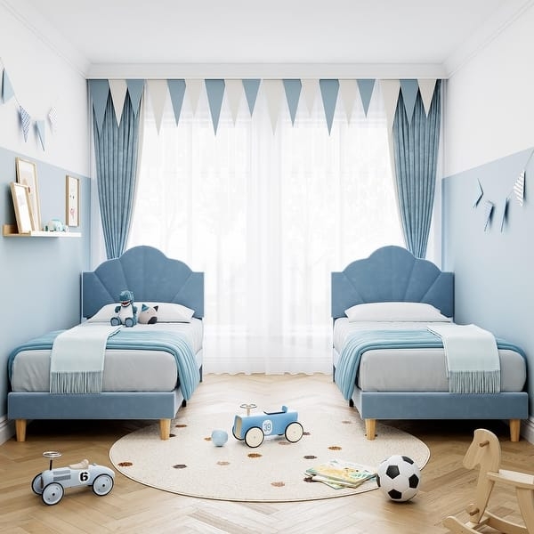 Twin Bed with Scalloped Upholstered Headboard in Sky Blue Velvet
