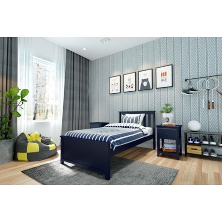 Twin Bed with Slatted Headboard in Navy Blue Painted Wood Finish