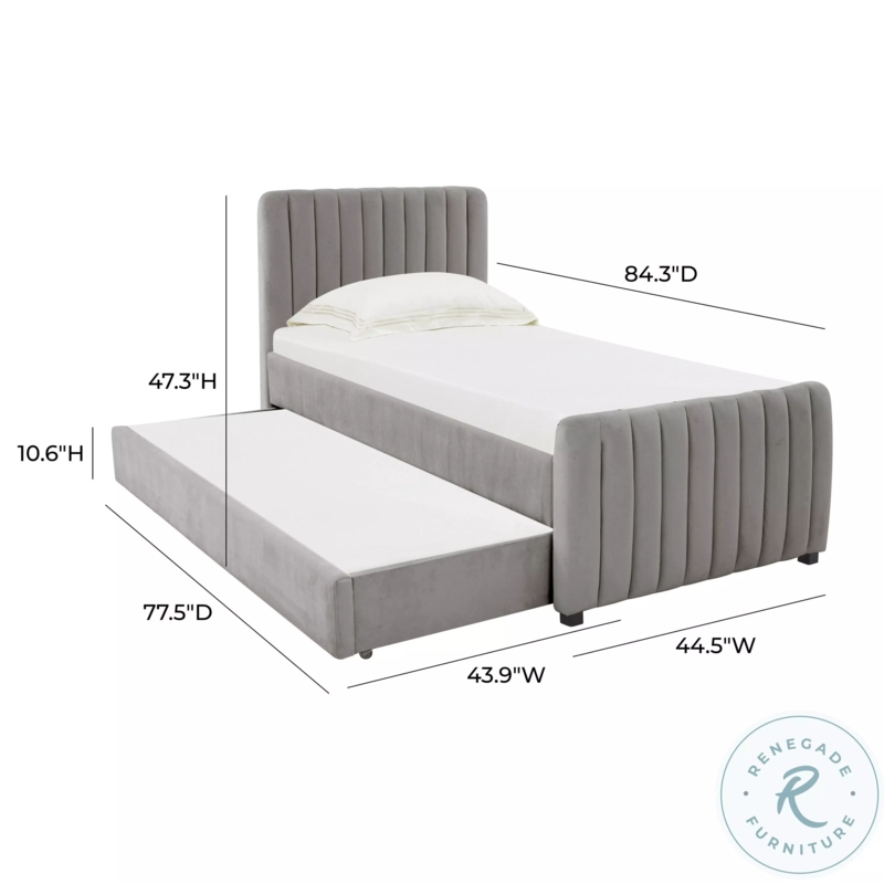 Twin Bed with Trundle Grey Velvet Vertical Channel Tufting Pull Out
