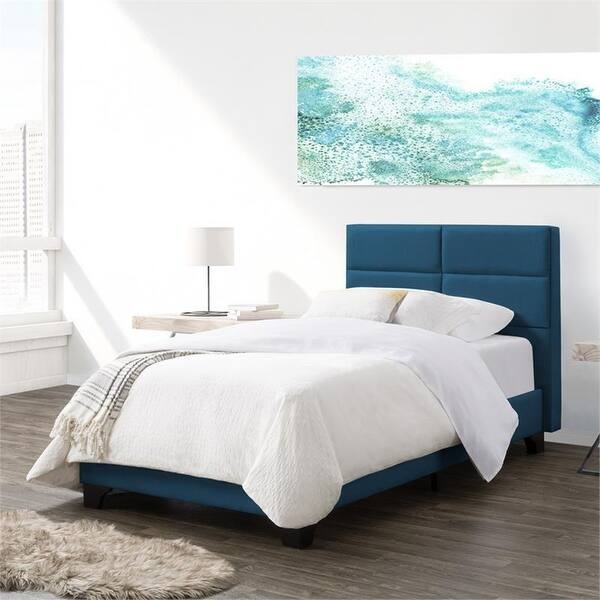Twin Bed, Woven Upholstery, Contemporary Rectangle Panel Headboard