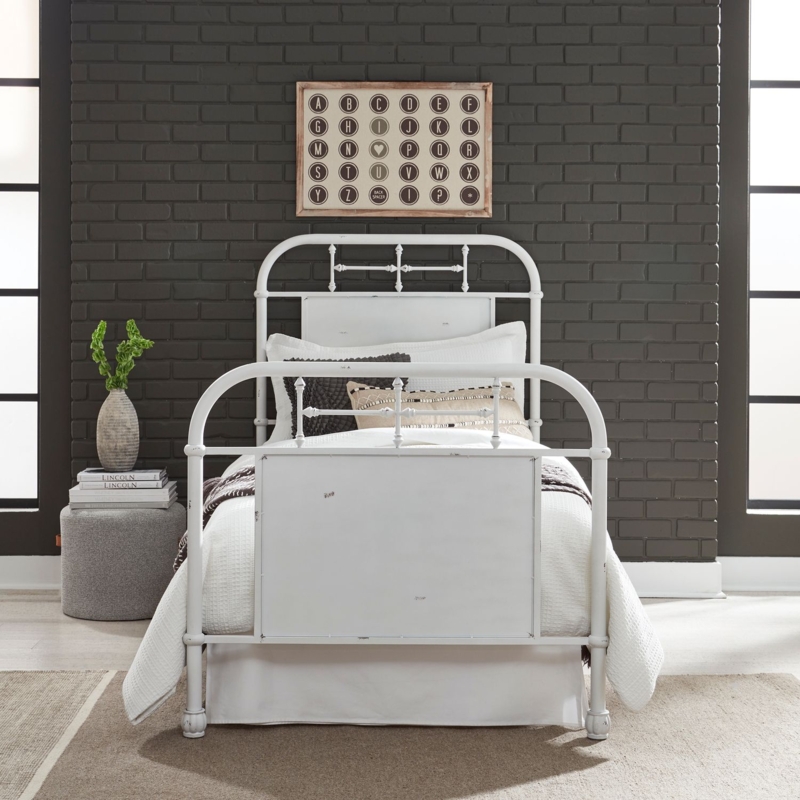 Twin Metal Bed Antique White Distressed Finish with Arched Spindle Accents