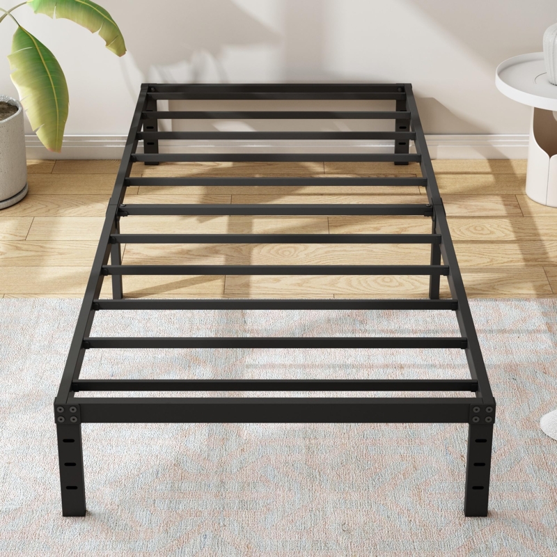 Twin Platform Bed Frame with Recessed Legs, Matte Black Metal Base.