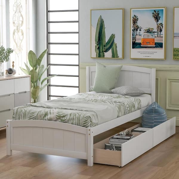 Twin Platform Bed Slatted Headboard Under Bed Drawers Transitional Style