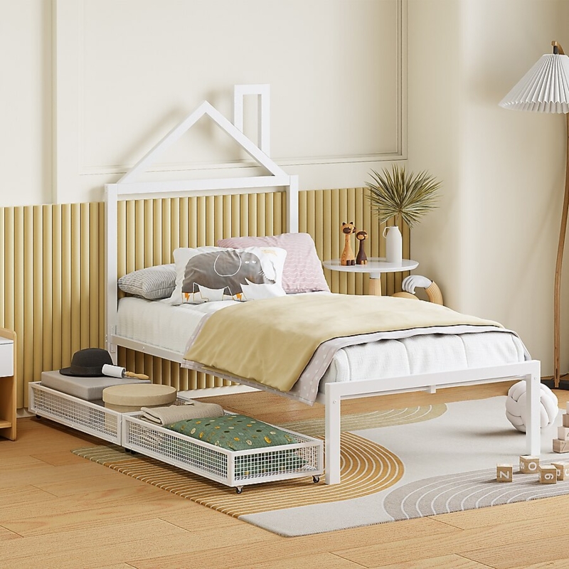 Twin Platform Bed White Metal House-Shaped Headboard Mesh Drawers