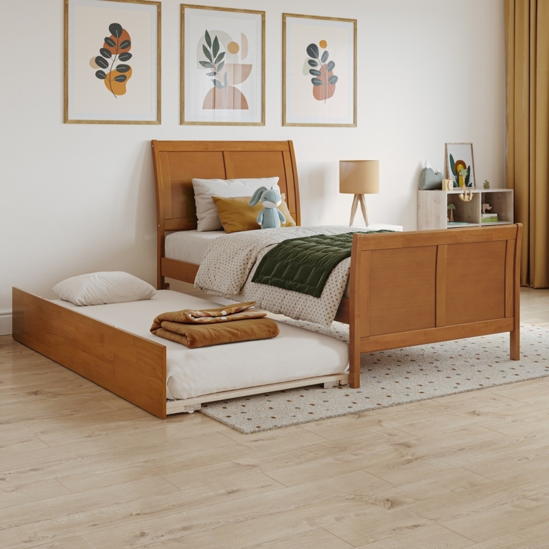 Twin Sleigh Bed Honey Wood Finish Trundle Bed Casters Kids Bedroom