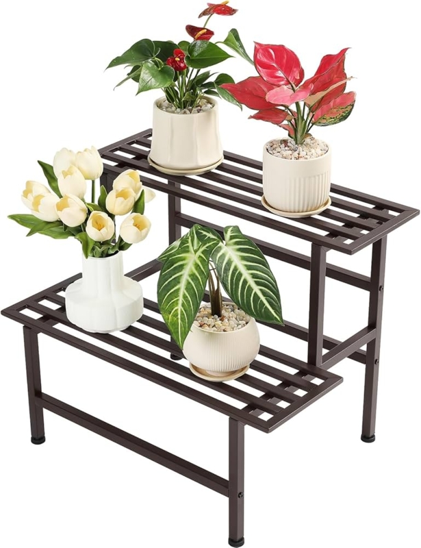 Two Tier Plant Stand Ladder Style Metal Coffee Finish Indoor Shelf