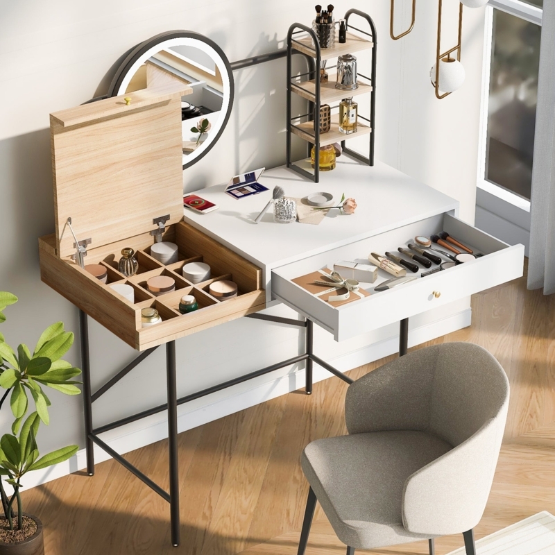 Two-Tone Flip-Top Vanity with Lighted Mirror & Storage Dividers