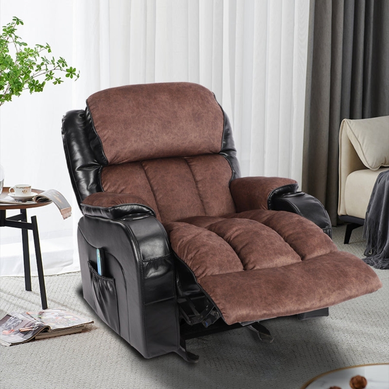 Two-Tone Massage Recliner with Cup Holders in Black and Brown Upholstery