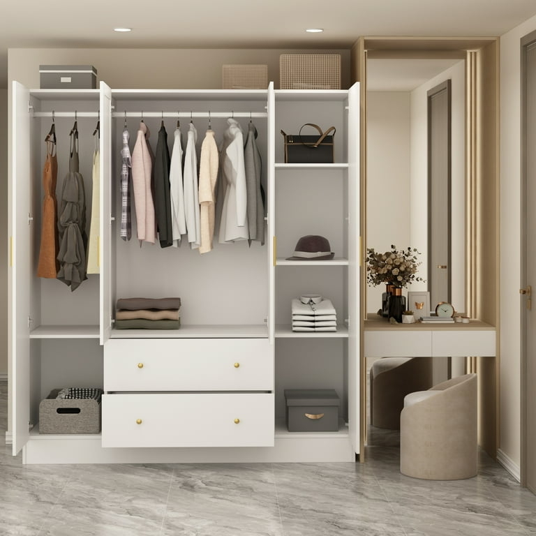 Two Tone Wardrobe Armoire with Integrated Light Oak Vanity Section