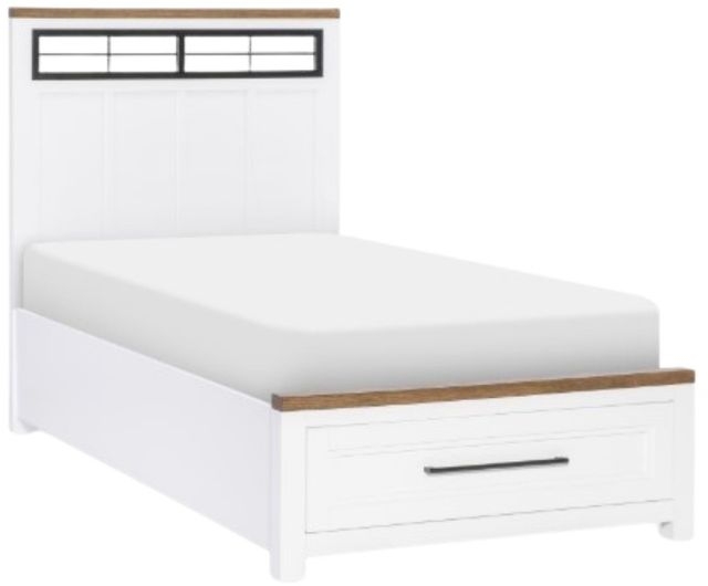 Two-Tone White and Wood Storage Bed with Metal Window Detail