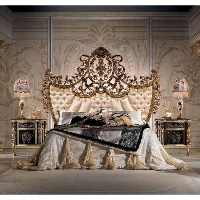 Upholstered Bed Antique Gold Finish Heavily Carved Ivory Baroque Style