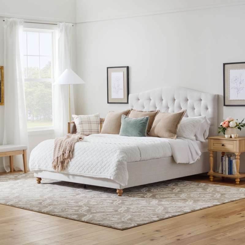 Upholstered Bed Arched Diamond Tufted Headboard Bun Feet Cream