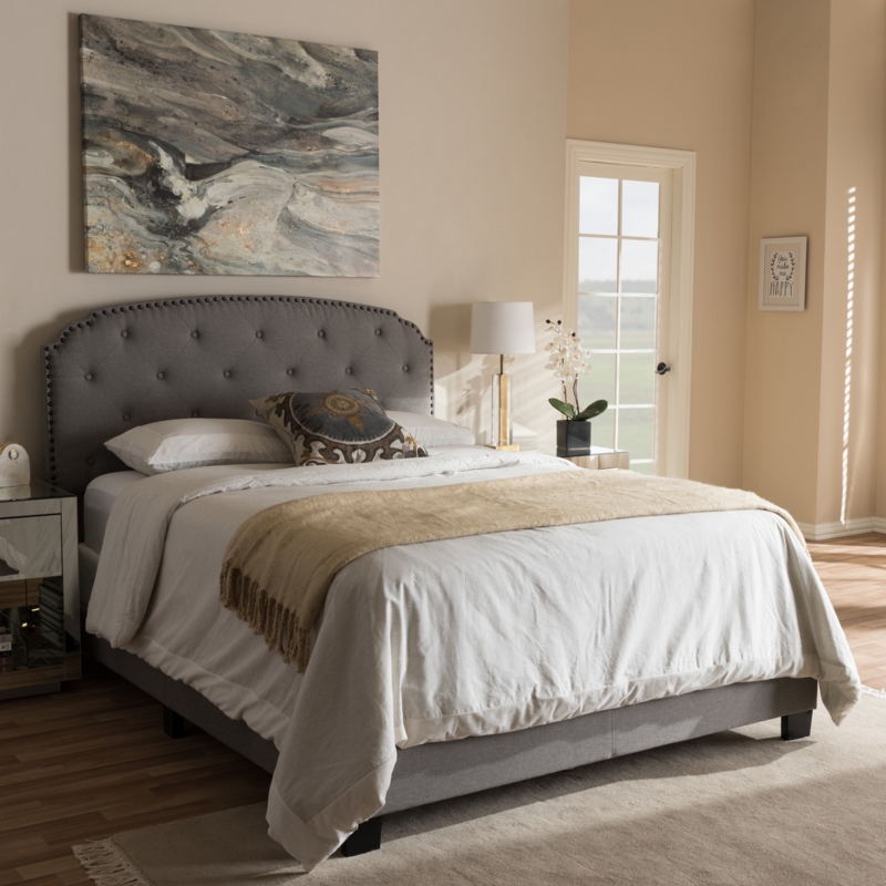 Upholstered Bed Arched Headboard Nailhead Trim Button Tufted