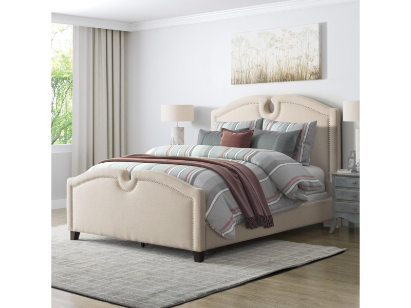 Upholstered Bed Beige Notched Headboard Nailhead Trim Footboard