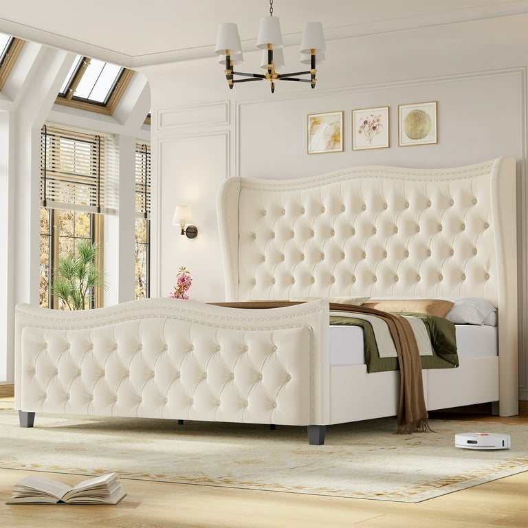 Upholstered Bed Beige Velvet High Wingback with Curved Footboard