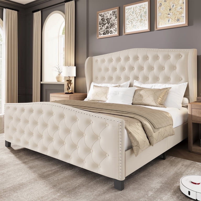 Upholstered Bed Beige Velvet Wingback Headboard Nailhead Trim Glam