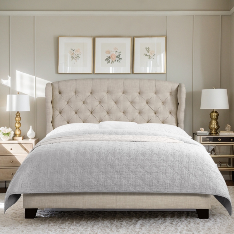 Upholstered Bed Beige Wingback Diamond Tufted Neutral Bedroom Design