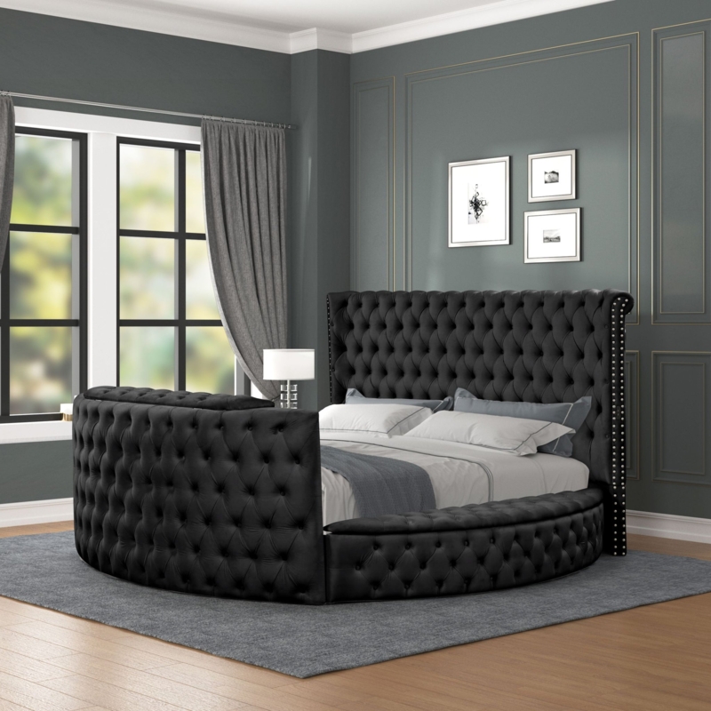 Upholstered Bed Black Crystal Tufted Curved Footboard Bed Frame