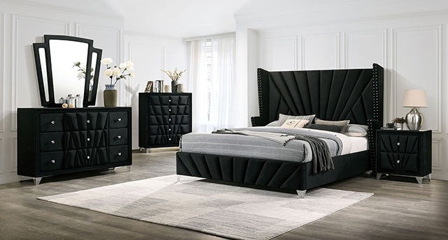 Upholstered Bed Black Sunburst Headboard Wingback Glam Deco Style