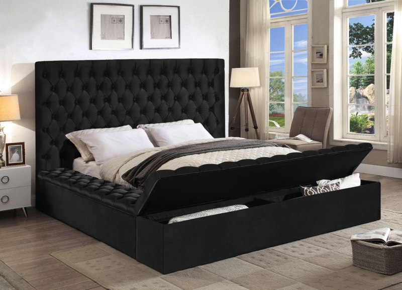 Upholstered Bed, Black Tufted with Storage Footboard
