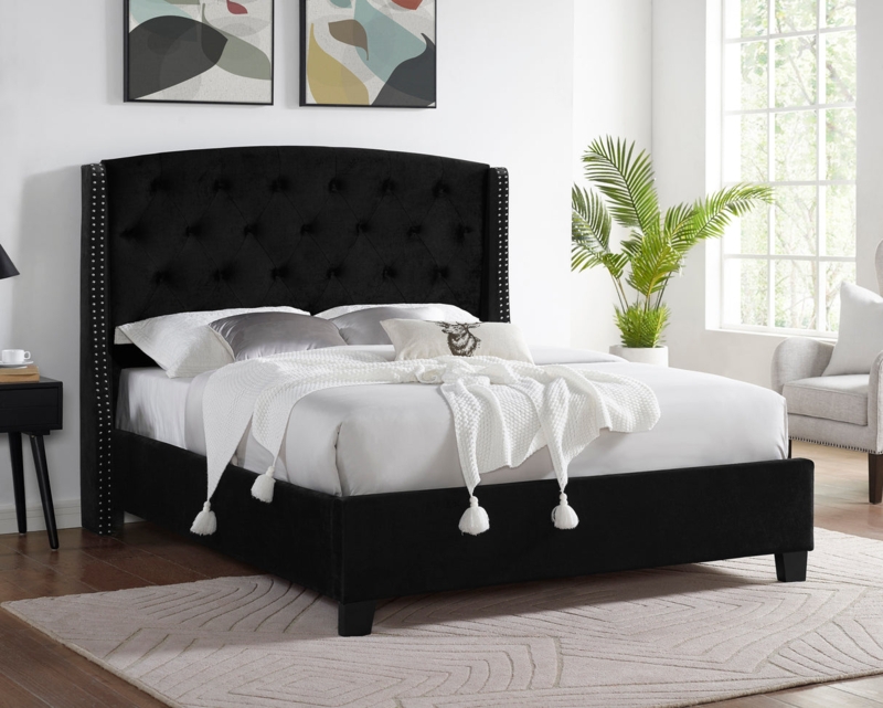 Upholstered Bed: Black Velvet Diamond Tufting with Nailhead Trim