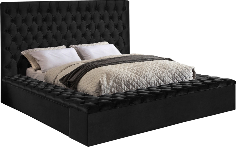 Upholstered Bed Black Velvet Oversized Diamond Tufted Thick Rails