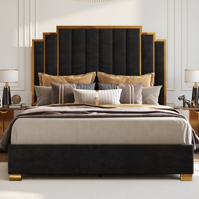 Upholstered Bed Black Velvet Stepped Headboard with Gold Trim
