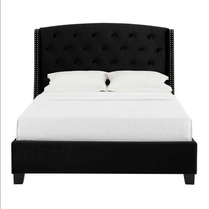 Upholstered Bed Black Velvet Wingback Silver Nailhead Trim Glam