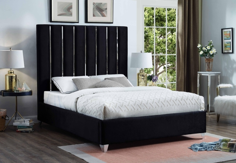 Upholstered Bed Black Velvet with Tall Metallic Channeled Headboard
